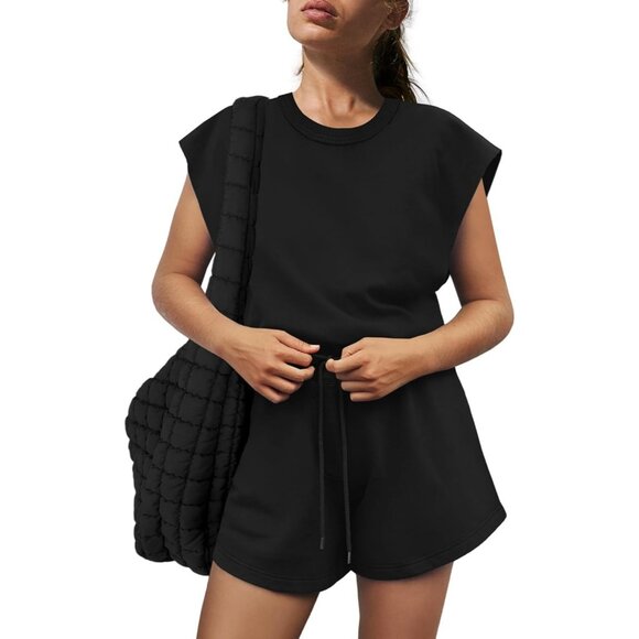 Yanekop Womens Black Athletic Romper Loose Crewneck OnePiece Outfits with Pocket - Picture 3 of 4